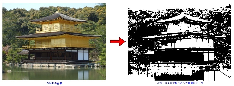 金閣寺の写真を変換したJWCAD(Jww)の図形です。
